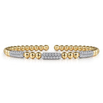 14K White and Yellow Gold Diamond Pavé Three Station Bar Bujukan Beads Split Bangle Bracelet - BG4974-62M45JJ-Gabriel & Co.-Renee Taylor Gallery