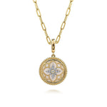 14K Yellow Gold Bujukan Diamond and Mother of Pearl Medallion Pendant 18mm - PT6615Y45WM-Gabriel & Co.-Renee Taylor Gallery
