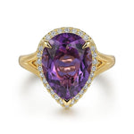 14K Yellow Gold Diamond and Flat Pear Shape Amethyst Ladies Ring With Flower Pattern Gallery - LR52485Y45AM-Gabriel & Co.-Renee Taylor Gallery