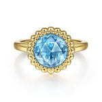 14K Yellow Gold Round Blue Topaz Bezel Set Ring w/ Bujukan Bead Halo - LR51792Y4JBT-Gabriel & Co.-Renee Taylor Gallery