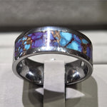 8MM Tungsten Flat Polished w/ 5mm Solid Blue Turquoise + Purple Turquoise & Brass Blended Stone Center Inlay - 8TU101:TQ5+PRT+BRS-Heavy Stone-Renee Taylor Gallery