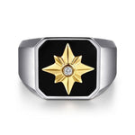925 Sterling Silver and 14K Yellow Gold Starburst Men's Signet Ring - MR20153MZ5OX-Gabriel & Co.-Renee Taylor Gallery
