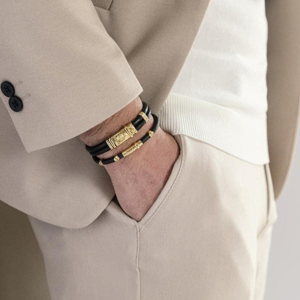 Double Band Leather Bracelet with Gold Elements - B114 - Misani Milano