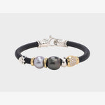 Leather Bracelet with Gold, Silver, Grey Pearl, Black Tahitian Pearl and Diamond Pavè - B2108-Misani Milano-Renee Taylor Gallery