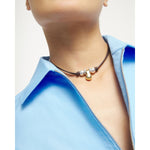 Silver and Gold Short Leather Necklace with Three Spheres - COL2064OROMTL0U-UNO de 50-Renee Taylor Gallery