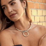 Omega Choker Necklace - Silver Plated, Camel Leather - N0067 MCA00-CXC-Renee Taylor Gallery