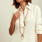 Omega Long Necklace - Silver Plated, Camel Leather - N0127 MCA00-CXC-Renee Taylor Gallery
