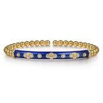 14K Yellow Gold Bujukan Beads and Diamond Split Bangle Bracelet with Chrome Blue Enamel - BG5054ELY45JJ.S575-Gabriel & Co.-Renee Taylor Gallery
