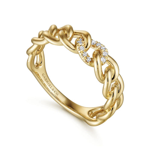 14K Yellow Gold Chain Link Ring Band with Pavé Diamond Station - LR51250Y45JJ-Gabriel & Co.-Renee Taylor Gallery