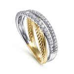 14K White & Yellow Gold Twisted Rope and Diamond Criss Cross Ring - LR51526M45JJ-Gabriel & Co.-Renee Taylor Gallery