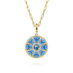 14K Yellow Gold Bujukan Diamond and Blue Topaz Medallion with Blue and Dust Blue and White Enamel - PT7657EMY45BT-Gabriel & Co.-Renee Taylor Gallery