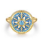 14K Yellow Gold Bujukan Diamond and Blue Topaz Signet Ring with Blue and Dust Blue and White Enamel Bujukan Collection - LR53075EMY45BT-Gabriel & Co.-Renee Taylor Gallery