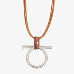 Omega Long Necklace - Silver Plated, Camel Leather - N0127 MCA00-CXC-Renee Taylor Gallery
