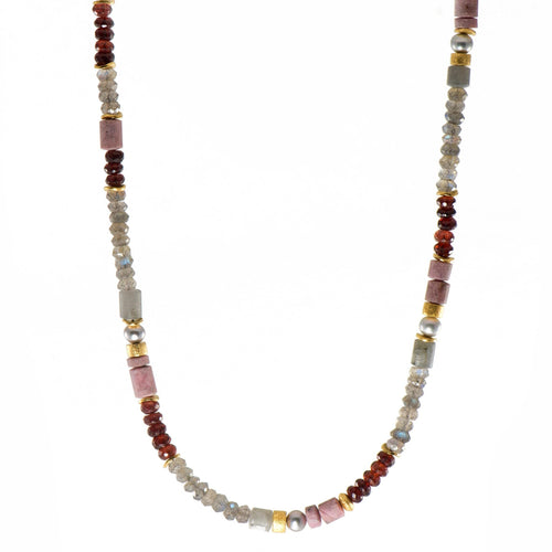 5mm Labradorite, Garnet, Rhodonite & Grey Pearl 24K Gold Vermeil Necklace-Joyla-Renee Taylor Gallery