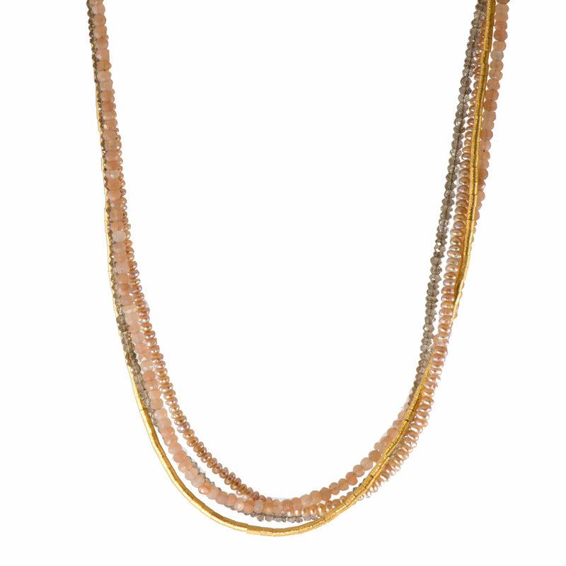 3mm Peach Moonstone, Smokey Quartz & Natural Color Pearl 24K Gold Vermeil Necklace-Joyla-Renee Taylor Gallery