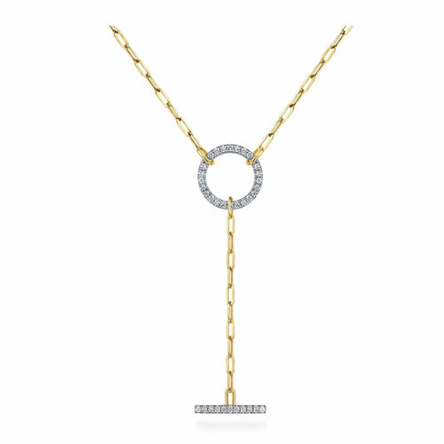 14K Yellow Gold Diamond Circle and Bar Y-Knot Necklace with Hollow Paperclip Chain - NK7130Y45JJ-Gabriel & Co.-Renee Taylor Gallery