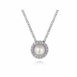 14K White Gold Pearl and Diamond Halo Pendant Necklace 18" - NK7268W45PL-Gabriel & Co.-Renee Taylor Gallery