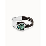 Sterling silver-plated bangle with leather and central green faceted crystal - PUL2508VRDMTL-UNO de 50-Renee Taylor Gallery