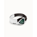 Sterling silver-plated bangle with leather and central green faceted crystal - PUL2508VRDMTL-UNO de 50-Renee Taylor Gallery
