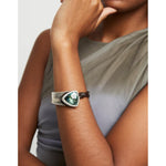 Sterling silver-plated bangle with leather and central green faceted crystal - PUL2508VRDMTL-UNO de 50-Renee Taylor Gallery