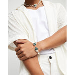 Thick sterling silver-plated bracelet with two green faceted crystals - PUL2511VRDMTL-UNO de 50-Renee Taylor Gallery