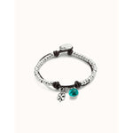 Sterling silver-plated bead bracelet with leather, four leaf clover charm and green Murano glass - PUL2529VRDMTL-UNO de 50-Renee Taylor Gallery