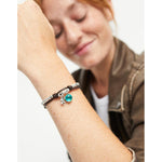 Sterling silver-plated bead bracelet with leather, four leaf clover charm and green Murano glass - PUL2529VRDMTL-UNO de 50-Renee Taylor Gallery