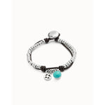 Sterling silver-plated beads bracelet with leather, peace charm and turquoise Murano glass - PUL2530TURMTL-UNO de 50-Renee Taylor Gallery