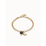 18k gold-plated chain bracelet with heart charm and black Murano glass bead- PUL2538NGRORO-UNO de 50-Renee Taylor Gallery