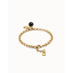 18k gold-plated chain bracelet with heart charm and black Murano glass bead- PUL2538NGRORO-UNO de 50-Renee Taylor Gallery
