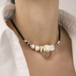 3 mm Leather Necklace with Handmade Gold Elements, Silver, Freshwater Pearls and Baroque Pearl - C2053-Misani Milano-Renee Taylor Gallery