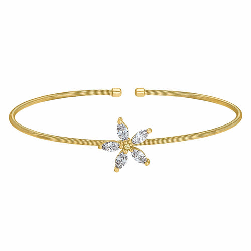 Gold Finish Sterling Silver Cable Cuff Flower Bracelet - LL7084B-G-Kelly Waters-Renee Taylor Gallery