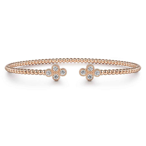 14K Rose Gold Bujukan Bead Split Cuff Bracelet with Quatrefoil Diamond Endcaps Bujukan Collection - BG4124-57K45JJ-Gabriel & Co.-Renee Taylor Gallery