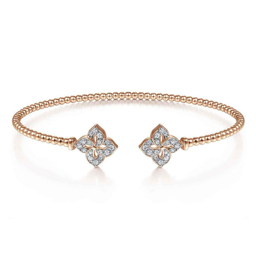 14K Rose Gold Bujukan Split Cuff Bracelet with Diamond Flower Caps Bujukan Collection - BG4256-57K45JJ-Gabriel & Co.-Renee Taylor Gallery