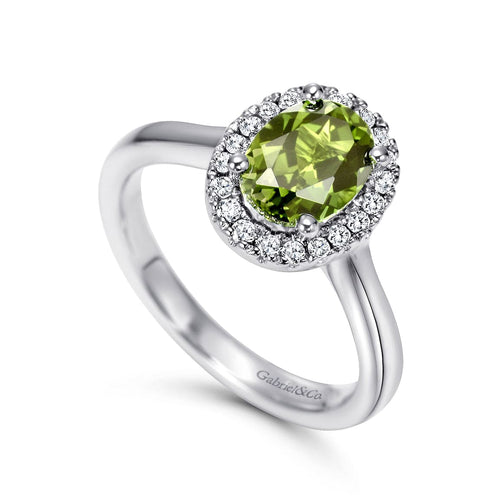 14K White Gold Classic Oval Peridot and Diamond Halo Ring - LR6711W45PE-Gabriel & Co.-Renee Taylor Gallery