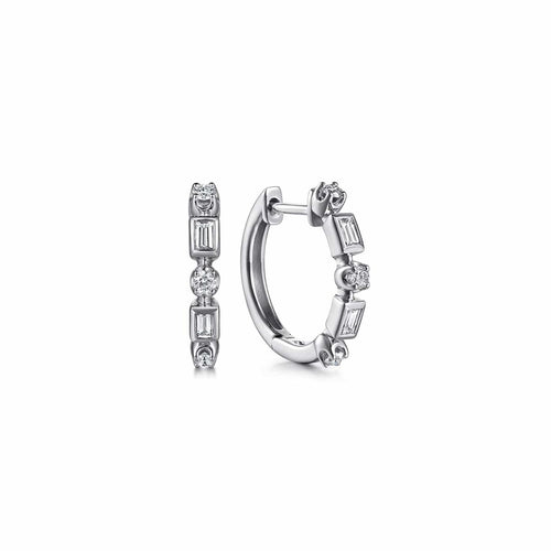 14K White Gold Diamond Baguette RD Huggie Earrings Lusso Collection - EG15732W44JJ-Gabriel & Co.-Renee Taylor Gallery