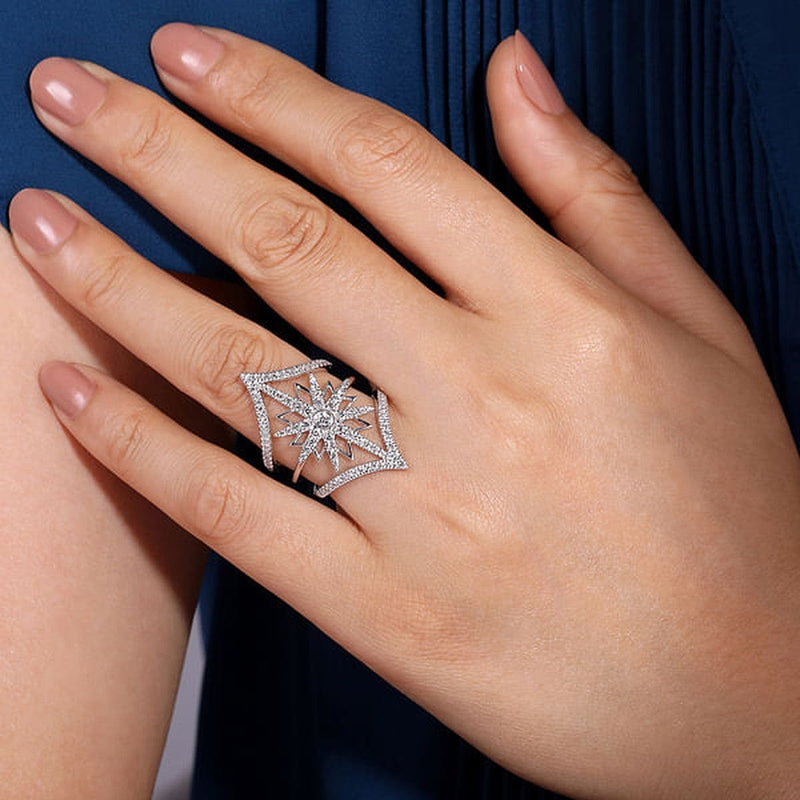 14K White Gold Diamond Starburst Chevron Statement Ring - LR52013W45JJ-Gabriel & Co.-Renee Taylor Gallery