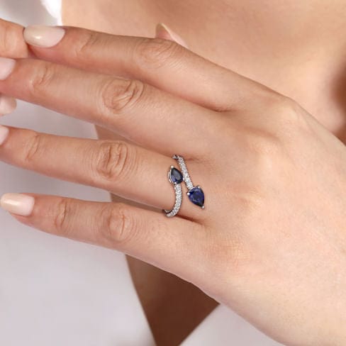 14K White Gold Diamond and Blue Sapphire Bypass Ring - LR52401W45SA-Gabriel & Co.-Renee Taylor Gallery