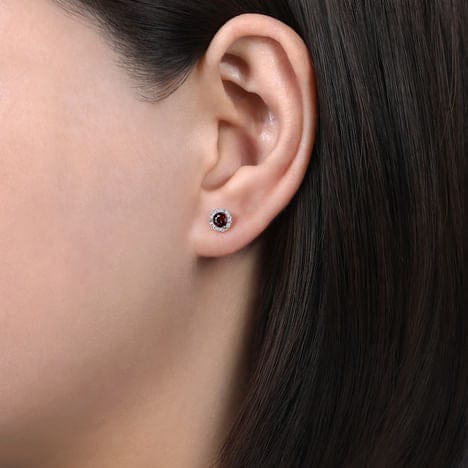 14K White Gold Round Halo Garnet and Diamond Stud Earrings - EG12372W45GN-Gabriel & Co.-Renee Taylor Gallery