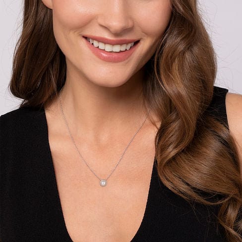 14K White Gold Pearl and Diamond Halo Pendant Necklace 18" - NK7268W45PL-Gabriel & Co.-Renee Taylor Gallery