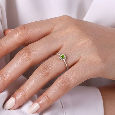 14K White Gold Peridot and Diamond Halo Promise Ring - LR51264W45PE-Gabriel & Co.-Renee Taylor Gallery
