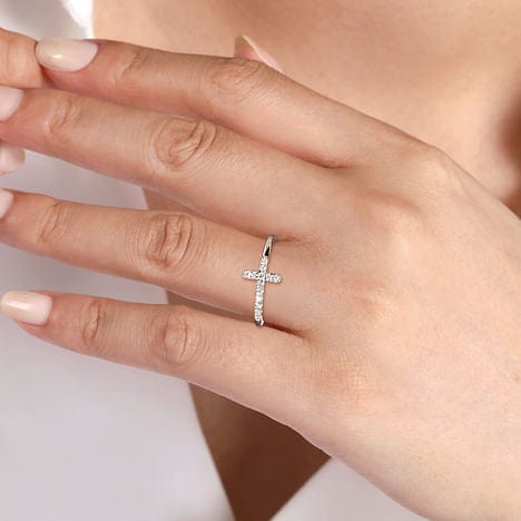 14K White Gold Sideways Diamond Cross Ring - LR50221W45JJ-Gabriel & Co.-Renee Taylor Gallery