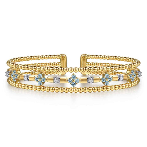 14K White & Yellow Gold Bujukan RD Beaded Diamond and Blue Topaz Flower Cuff Bangle Bracelet Bujukan Collection - BG5356-57M45BT-Gabriel & Co.-Renee Taylor Gallery