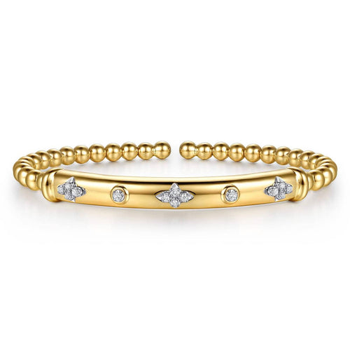 14K White & Yellow Gold Bujukan Beads RD Diamond Clover Station Cuff Bangle Bracelet Bujukan Collection - BG5350-57M45JJ-Gabriel & Co.-Renee Taylor Gallery