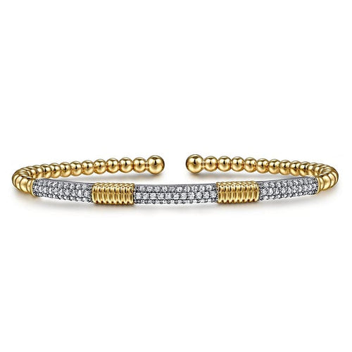14K White Yellow Gold Bujukan Beads and Diamond Station Split Bangle Bracelet - BG5053-62M45JJ-Gabriel & Co.-Renee Taylor Gallery