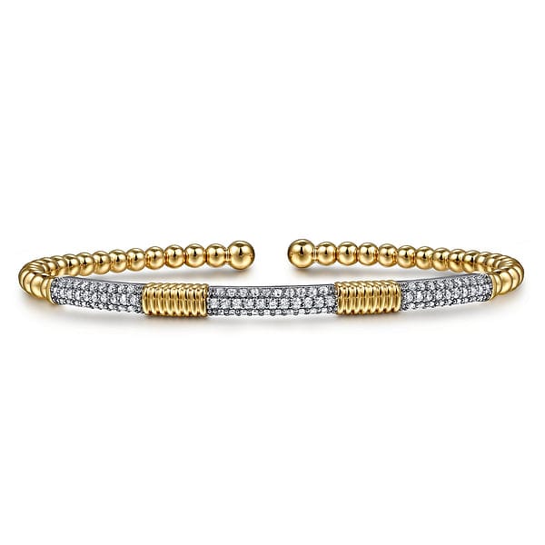 14K White Yellow Gold Bujukan Beads and Diamond Station Split Bangle Bracelet - BG5053-62M45JJ-Gabriel & Co.-Renee Taylor Gallery