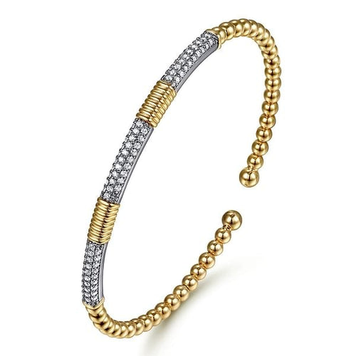14K White Yellow Gold Bujukan Beads and Diamond Station Split Bangle Bracelet - BG5053-62M45JJ-Gabriel & Co.-Renee Taylor Gallery