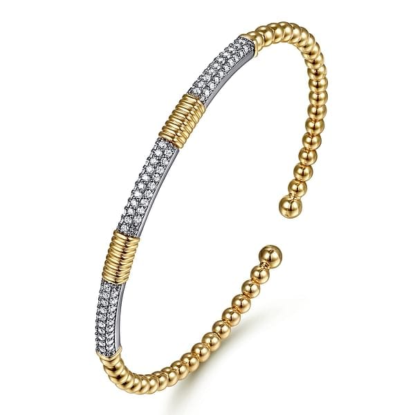 14K White Yellow Gold Bujukan Beads and Diamond Station Split Bangle Bracelet - BG5053-62M45JJ-Gabriel & Co.-Renee Taylor Gallery