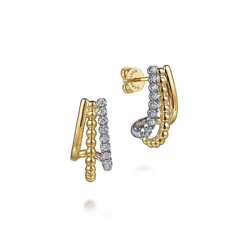 14K White & Yellow Gold Bujukan Diamond 3 Row J Hoop Stud Earrings - EG15311M45JJ-Gabriel & Co.-Renee Taylor Gallery