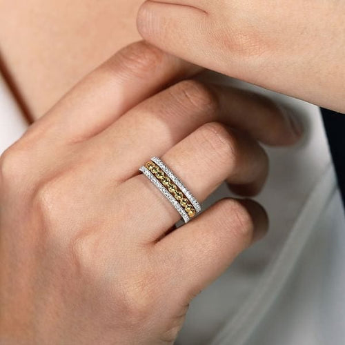14K White-Yellow Gold Bujukan Diamond Wide Band Ring - LR51778M45JJ-Gabriel & Co.-Renee Taylor Gallery